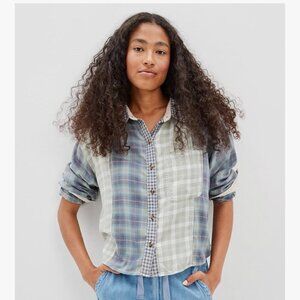 American Eagle Size M Cropped Flannel Shirt Green Patchwork Plaid Distressed